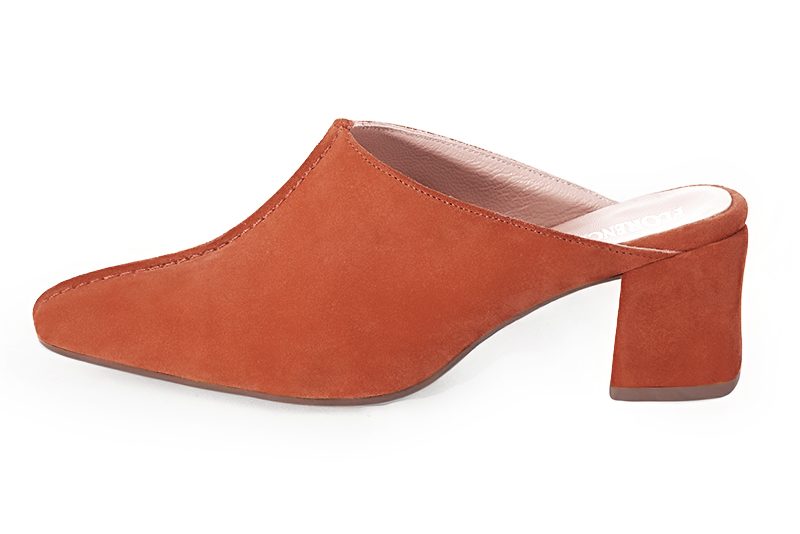 Terracotta orange women's clog mules. Square toe. Medium block heels. Profile view - Florence KOOIJMAN